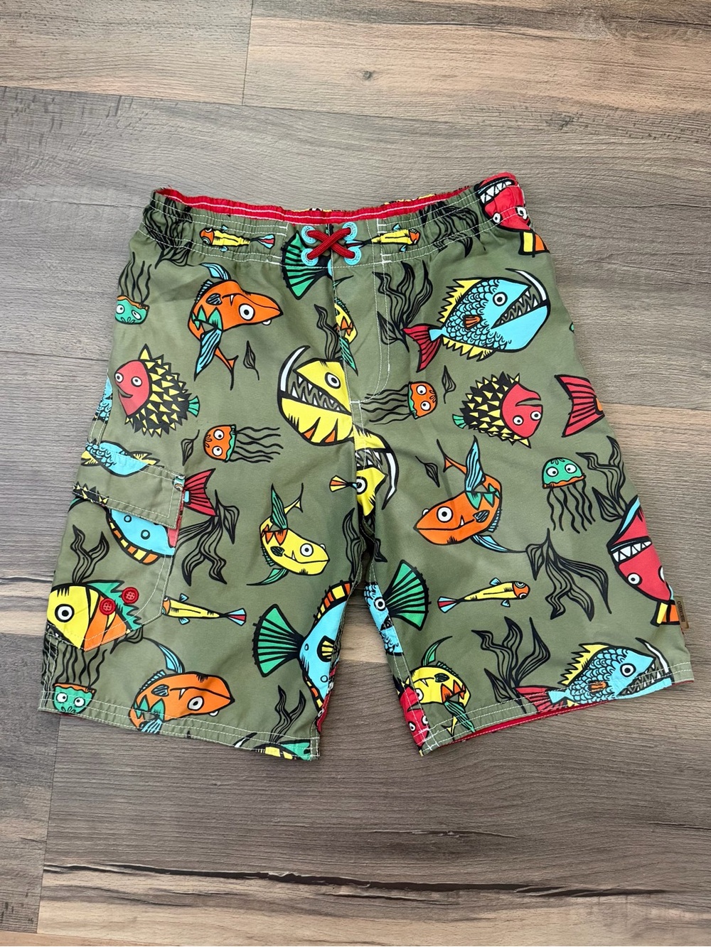 Vintage OshKosh Olive Green Multi-Colored Fish Swim Trunks Size 6
